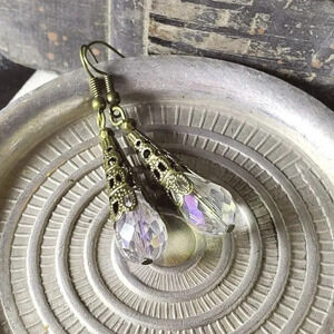 Faceted Clear Luster Crystal Antique Bronze Filigree Teardrop Earrings